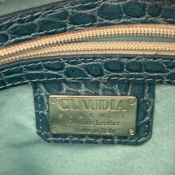 Claudia Firenze Teal Leather Croc-Embossed Handbag Rope Handle Chic Purse Italy - Picture 13 of 16
